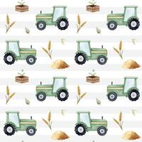 Seamless pattern with watercolor tractor and ears of grain. Farm pattern. Agricultural watercolor background vector