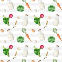 Seamless pattern with watercolor bottle of milk, vegetables. Farm pattern. Harvest watercolor background vector