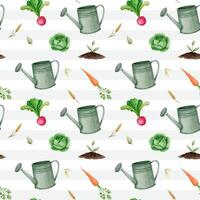 Seamless pattern with watercolor watering can, vegetables. Farm pattern. Agricultural watercolor background vector