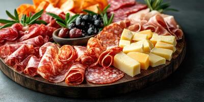 Delightful charcuterie board featuring assorted meats, cheeses, and olives perfect for gatherings or special occasions photo