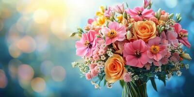 Bright, colorful bouquet of assorted flowers in a glass vase on a blurred background photo