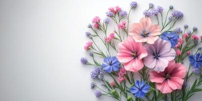 Beautiful bouquet of colorful flowers arranged artfully on a light background in a decorative setting photo