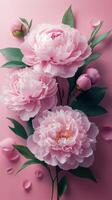 Soft pink peonies with green leaves against a pastel background create an elegant floral arrangement photo