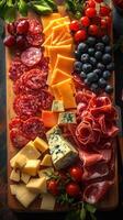 Assorted charcuterie and cheese platter with fresh fruits displayed elegantly for a gathering in the evening photo