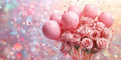 rosado rosas y globos crear un festivo atmósfera para un celebracion o especial ocasión en un suave, vistoso antecedentes foto