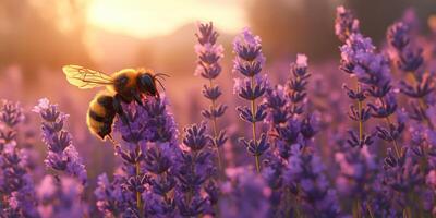 Buzzing bee collects nectar from lavender flowers during golden hour in a serene garden setting photo