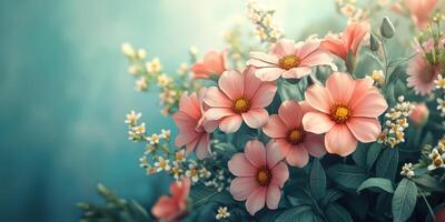 Beautiful pastel flowers in bloom with delicate greenery in a serene setting during springtime photo