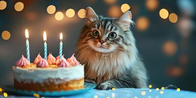 Cat sitting beside a birthday cake with candles on a festive table photo