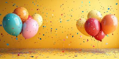 Celebratory balloons and confetti create a vibrant atmosphere for a festive occasion indoors photo