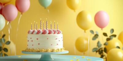 Colorful birthday cake with candles and balloons celebrating a joyful occasion in a bright, cheerful setting photo