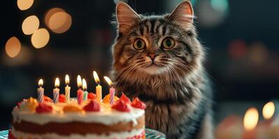 Cat celebrates special occasion with colorful cake and lit candles in a festive setting photo