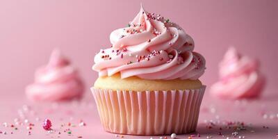 Delicious pink frosted cupcake with sprinkles surrounded by smaller cupcakes on a pastel background photo
