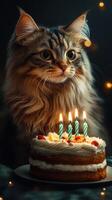 Fluffy cat gazes at birthday cake with candles in a cozy, softly lit setting during an evening celebration photo
