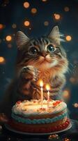 Cute kitten celebrating birthday with cake and candles in a cozy setting with soft lighting photo