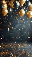 Festive celebration with golden and black balloons and confetti adding sparkle to the atmosphere photo