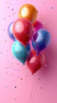Colorful balloons float against a pink background with confetti, creating a festive atmosphere for celebrations photo