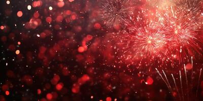Colorful fireworks burst in the night sky above sparkling red bokeh lights during a festive celebration photo