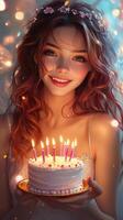 Young woman celebrates birthday with cake and candles in a festive, warmly lit setting photo