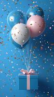 Colorful balloons float above a gift box with confetti falling in a festive celebration setting photo