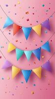 Colorful party bunting and confetti decor for festive celebrations on a pink background photo