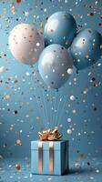 Colorful celebration with blue balloons and a gift box surrounded by confetti in a festive atmosphere photo