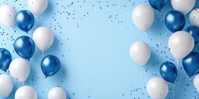 Colorful blue and white balloons with confetti on a light blue background for a festive celebration photo