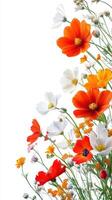 Colorful wildflowers bloom in a bright setting, showcasing vibrant hues of orange, white, and yellow against a light background photo