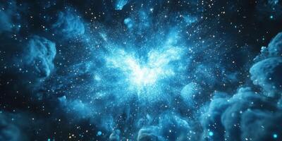 Stunning cosmic explosion with vibrant blue colors illuminating the universe at the moment of creation photo