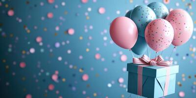 Colorful balloons and a gift box create a festive atmosphere for a celebration event or birthday party photo