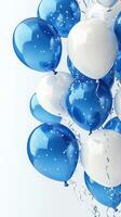 Bright blue and white balloons floating in celebration atmosphere during joyful event or party photo
