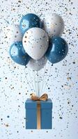Colorful balloons with confetti floating above a gift box during a celebration photo