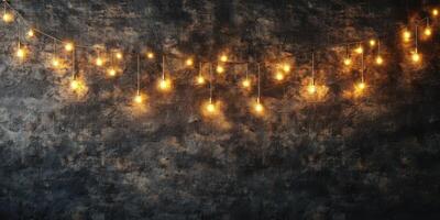 String lights illuminate a rustic wall creating a cozy atmosphere for gatherings or celebrations at night photo