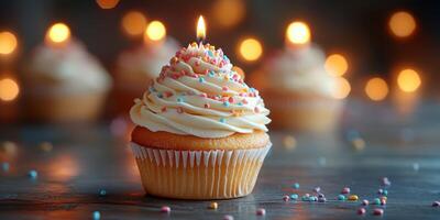 Delicious cupcake with cream frosting and colorful sprinkles surrounded by glowing candles in a festive setting photo