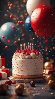 Birthday celebration with a festive cake, colorful balloons, and decorations in a joyous atmosphere photo