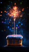 Celebration with a colorful birthday cake topped with candles and fireworks in a vibrant atmosphere photo