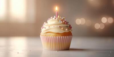 Delicious birthday cupcake with candle and sprinkles in a softly lit room celebrating a special occasion photo