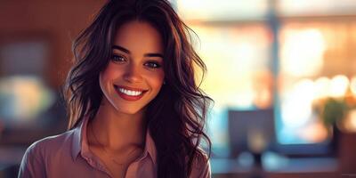 Smiling young woman with long dark hair in a cozy indoor setting during morning light photo