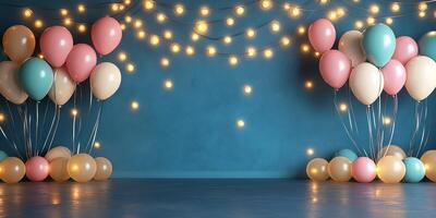 Celebration backdrop with colorful balloons and warm lights creating a festive atmosphere for events photo