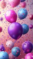 Colorful balloons float amidst vibrant confetti during a celebration event photo