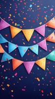 Colorful festive bunting and confetti create a joyful atmosphere for a celebration or party during a vibrant event photo