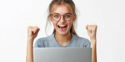 Young woman celebrates a success while working on a laptop in a bright and simple environment photo