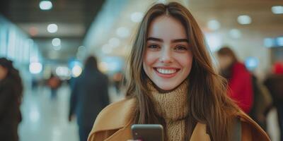 Smiling woman holding smartphone in busy indoor area during daytime photo