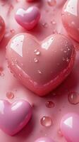 Colorful heart shapes with droplets sit on a pink background, creating a playful and romantic atmosphere during a festive event photo