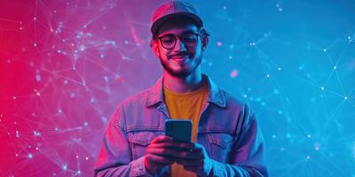 Individual engaged with smartphone in modern digital setting showcasing technological interactions at night photo