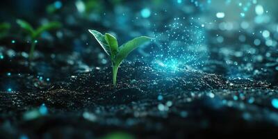 Newly sprouted plant glowing with magical light in dark soil on a serene evening photo