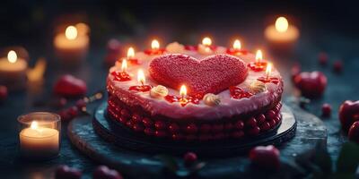 Heart-shaped cake with candles and decorations, perfect for celebrations and romantic occasions at nighttime photo