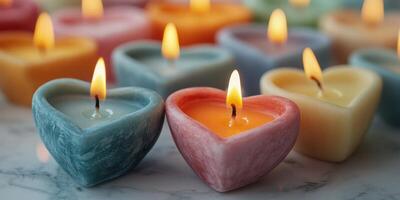 Colorful heart-shaped candles glow warmly on a marble surface, enhancing a cozy atmosphere in a decorative setting photo