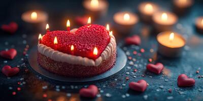 Heart-shaped cake adorned with candles surrounded by scattered hearts and flickering candles for a romantic celebration photo