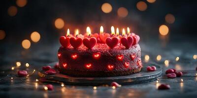 Romantic heart-shaped cake decorated with candles and lights for a celebration in a cozy setting photo