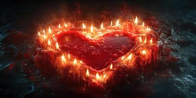 Romantic heart shape made of glowing red wax surrounded by candles on a dark surface photo